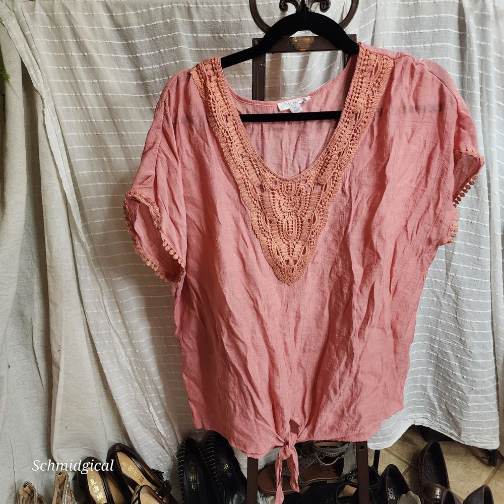 Palm Rio Womens XL Coral Pink Crochet Lace V-Neck Front Tie Boho Blouse Top